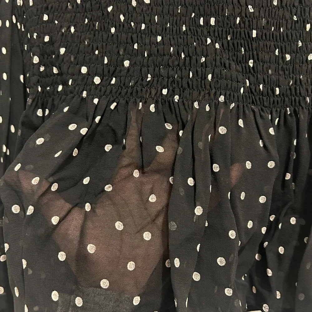 Zara Black and White Polka Dot Smocked Peplum Mesh Blouse Women’s Size Small